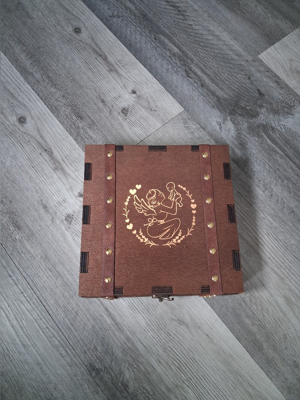 Wooden Keepsake Box with Gold Angel Design - Brown